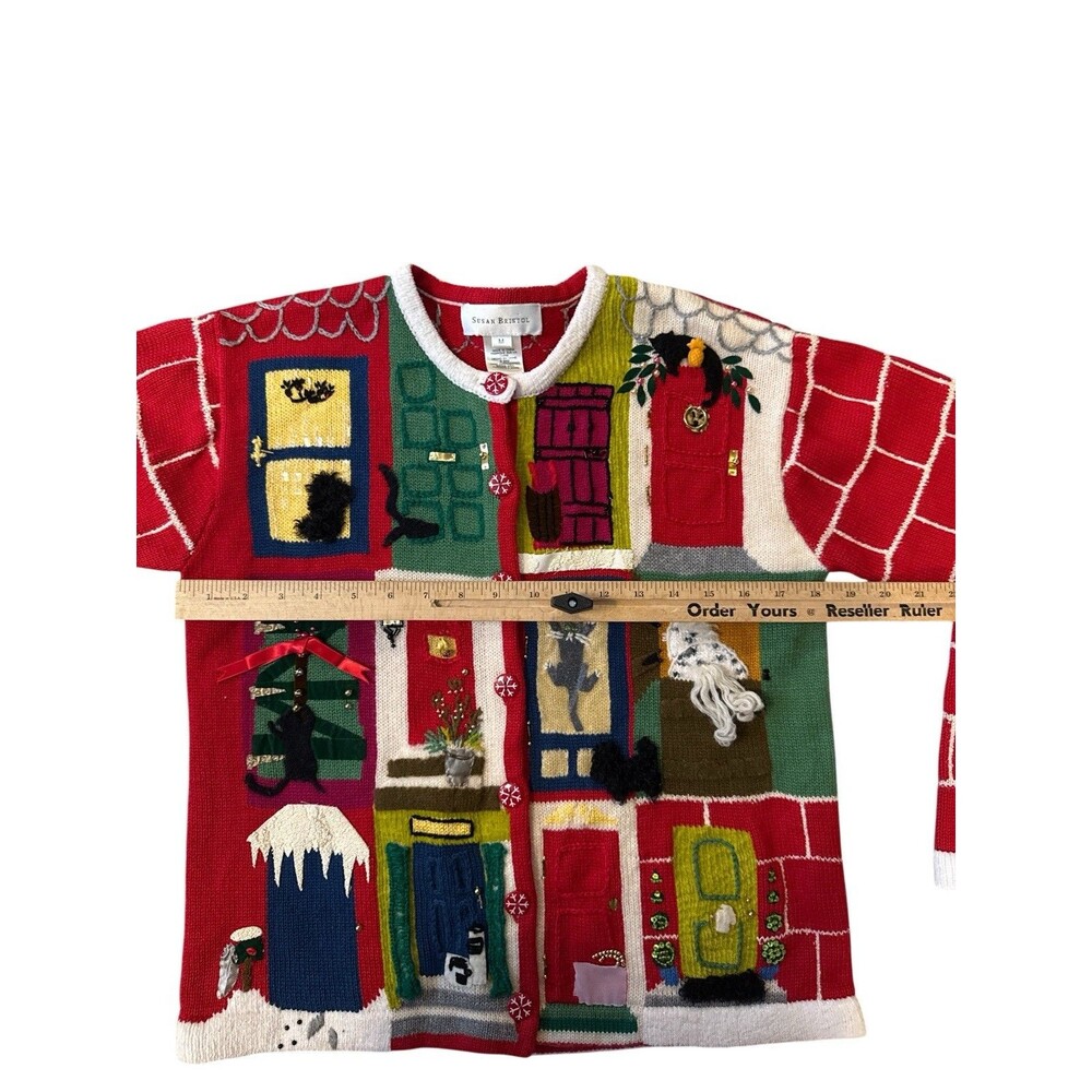 Vtg Susan Bristol Crazy Cat Lady Ugly Christmas Sweater Button Up Cardigan Sz M - Picture 4 of 10